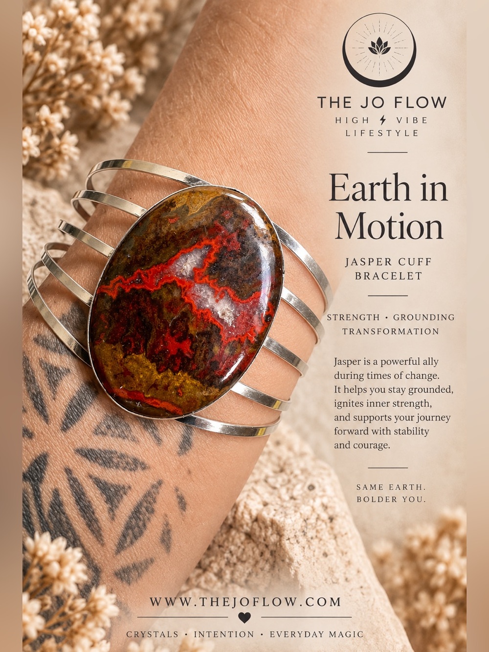 925 Earth Stone Red Jasper + Quartz Cuff Bracelet